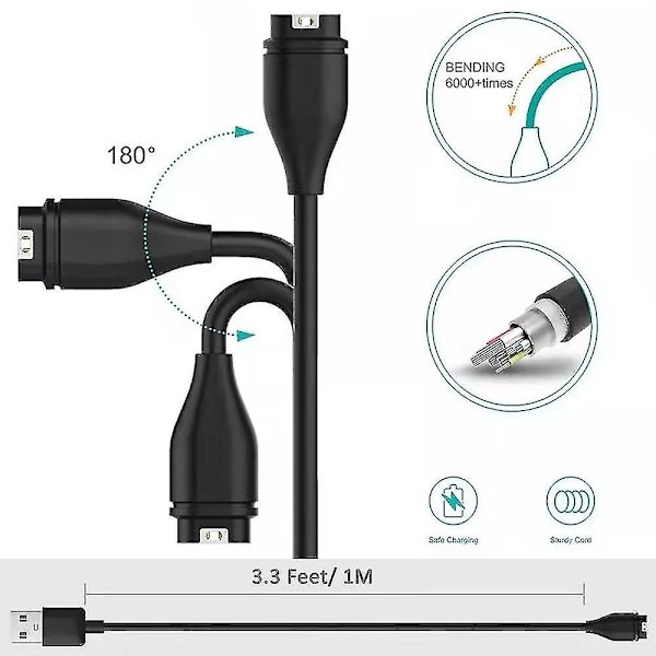 Til Garmin Fenix 5/5s/5x/plus/6/6s/6x/pro Smart Watch Oplader, Udskiftnings USB Data Sync Opladerkabel, Sort.
