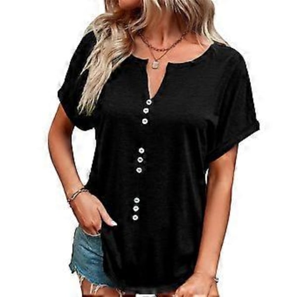 Svart S Dam T-shirt Kort Ärm V-ringad Enfärgad Lös Passform Knappdekoration Fram Dam Casual Topp för Vår Sommar