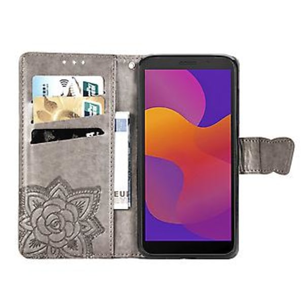 För Huawei Y5P 2020 Fjäril Kärlek Blomma Präglat Horisontellt Flip Läderfodral med Ställ / Kortplats / Plånbok / Snodd Gray