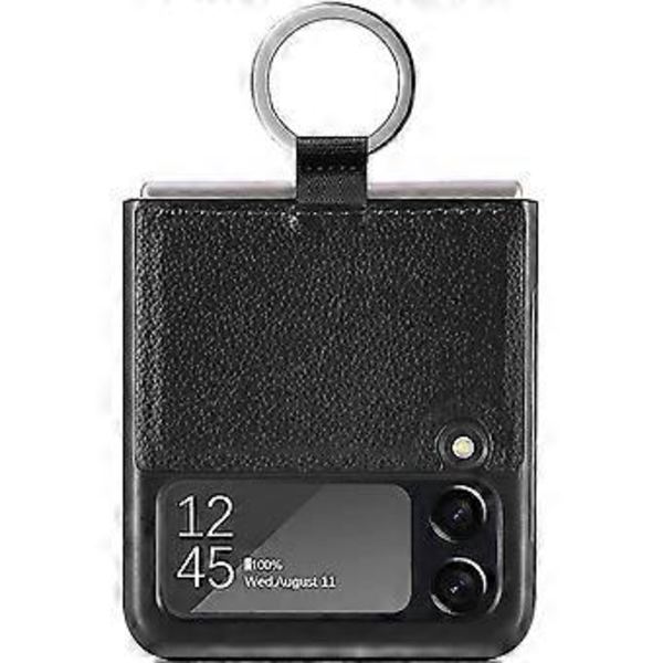 Designat för Samsung Galaxy Z Flip 3 Skal med Ring, Slimmad Tunn PU Läder Stötsäkert Telefonskal, Z Flip 3 5G Skyddsskal med Rem (2021) (Svart)