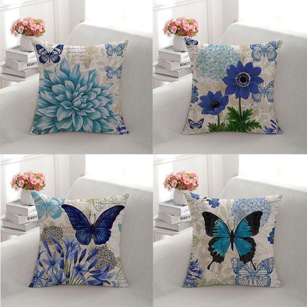 Pudebetræk, sæt med 4-45 x 45 cm bomuld og hør blomstret print firkantet