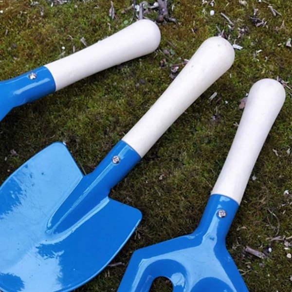 3 kappaletta lasten puutarhatyökalua sinisellä puukahvalla, kukkalapio