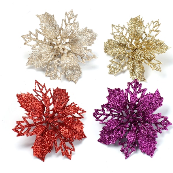 Gullfarget sett med 12 kunstige glitter julestjerneblomster for juletrepynt