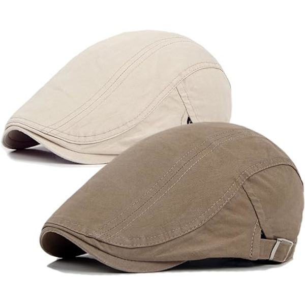 2-pack Newsboy-kepsar i khaki/beige för män, platta kepsar i bomull, justerbara