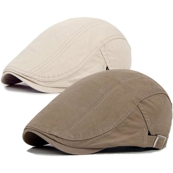 2 Pack Newsboy khaki/beige hatter for menn Flat Cap Cotton Adjustab