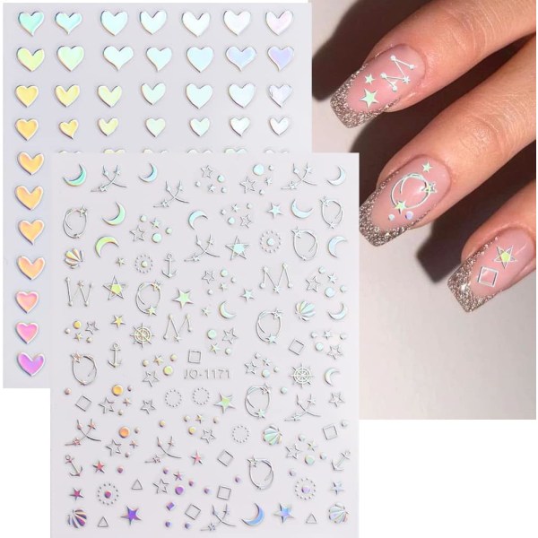 8 Ark Aurora Nagelstickers 3D Holografisk Laser Hjärta Stjärna Måne