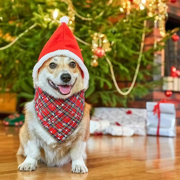 2 stk. Klassisk ternet julebandana til hunde, kæledyrsjuleskærf