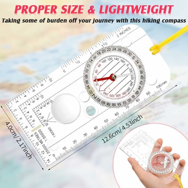 Navigasjonskompass Boy Scout Kompass Orienteringskompass Lettvekts Turkompass med Justerbar Deklinasjon for Ekspedisjonslesing Kartorientering Navigasjon (12,5 x 6,1 cm)