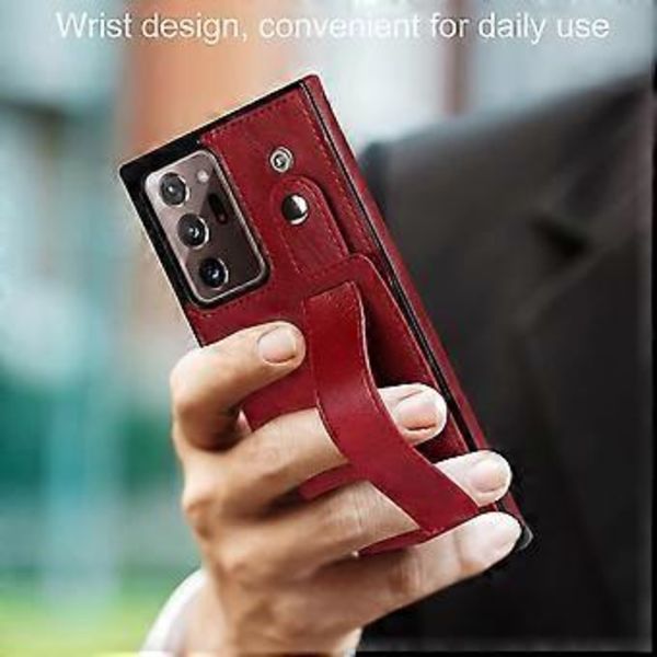 Suunniteltu Samsung Galaxy Note 20 Ultra/Note20 Plus 5G -lompakkokotelolle säädettävällä rannehihnalla, jalustalla, PU-nahalla, luottokorttipidikkeellä, iskunkestävällä Hy Red