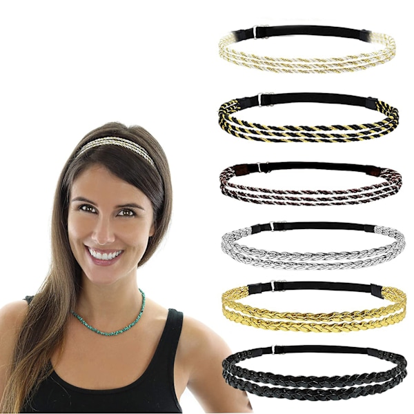6 st elastiska flätade pannband Boho hårband Hippie pannband för kvinnor Läder stretchiga pannband Dubbla halkfria flätade hårband för semester Kvinnor Flickor Hår