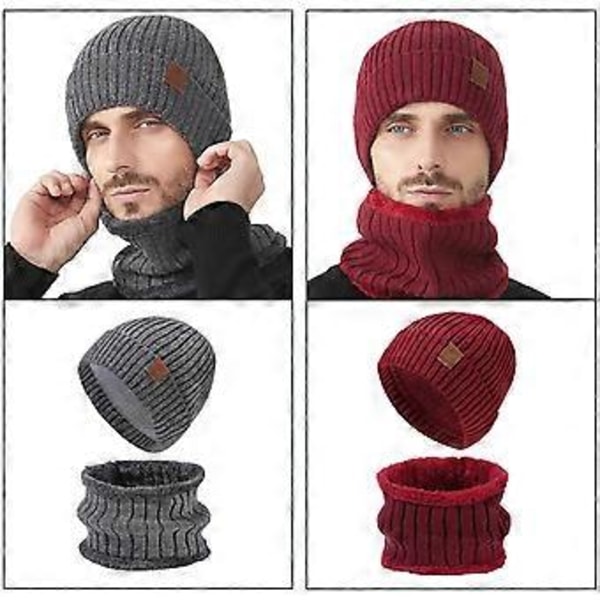 Vinterstickad huvudbonad Polyester Varm Mössa Stickad Halsduk Combo för Cykling Skidåkning Och Utomhussporter Varm Ushanka Vinröd Wine Red