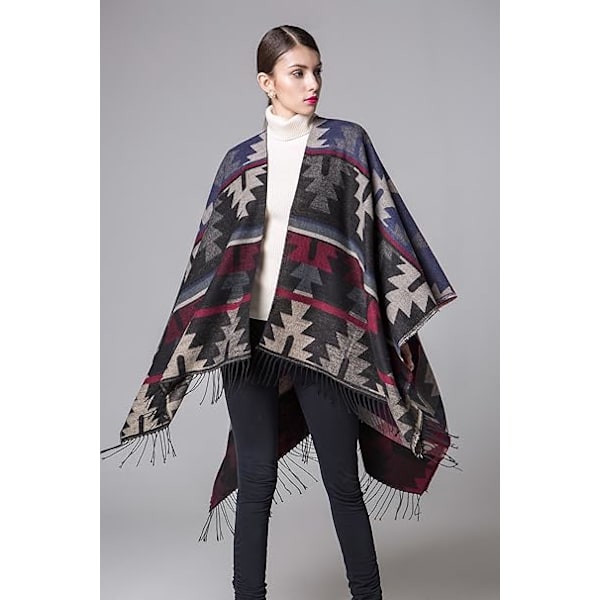 Mörkblå 130 x 150 cm Dam Överdimensionerad Tartan Poncho