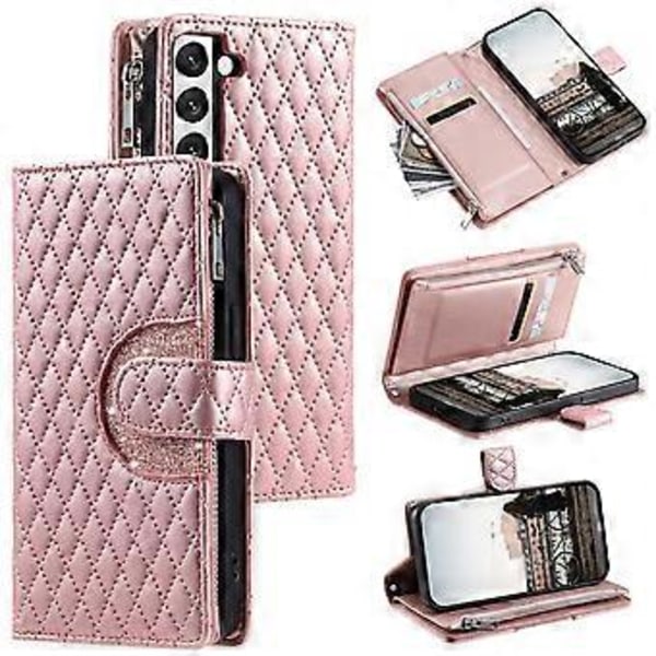 Style 012 til Samsung Galaxy S22 5G Etui Håndtaske Lynlåslomme Glitter Læder Telefon Cover Style D