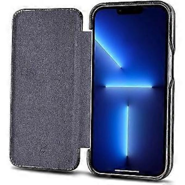 Läderfodral Kompatibelt med iPhone 13 Pro - Vintage Stil Äkta Läder Flip Fodral - Inbyggd Magnetisk Stängning - svart