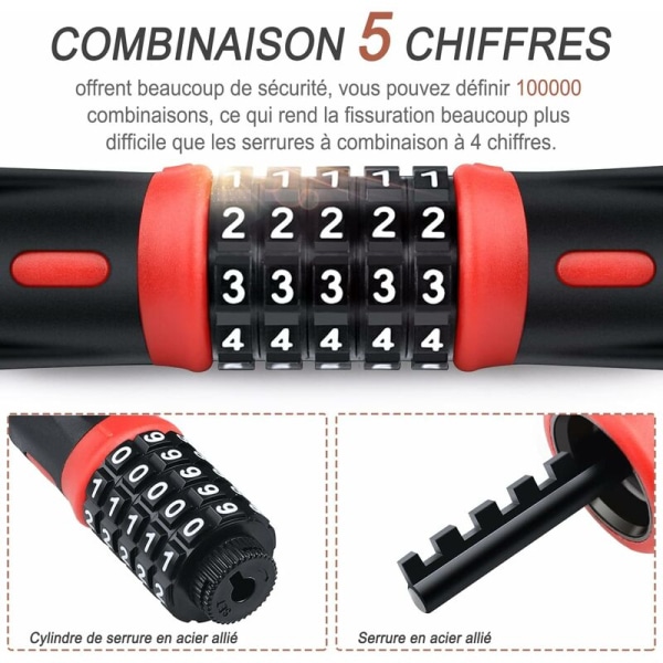 Code Bike Chain Lock, 5-numeroinen pyörän lukko, 5,5 mm x 90 cm sinkkiseos