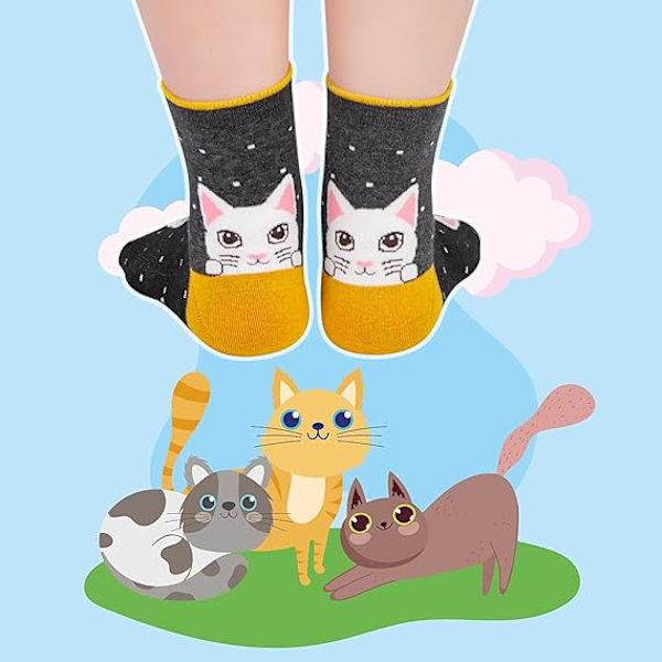 Strumpor för barn, 5-pack set med nya kattmönstrade damstrumpor