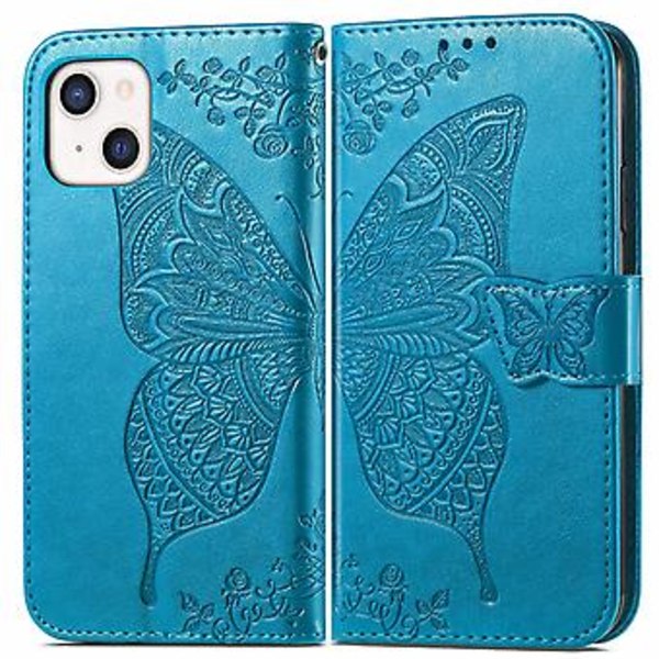 Butterfly Love Flower Læder Etui Til iPhone 13 mini Blue