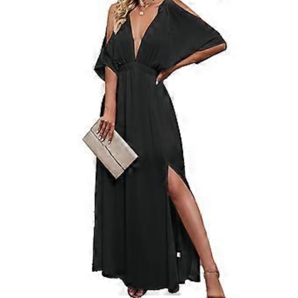 Lang kjole for kvinner, dyp V-hals, lett chiffon, høy splitt, elegant sommerkjole for damer