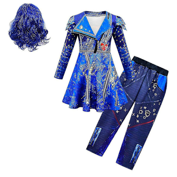 Sininen Audrey-asusetti Tyttö Halloween-asut Lapset Juhlat Evie Descendants 3 Mal Cosplay-asut Mekko Housut Peruukki.Kuten kuvassa1.110 (34Y)