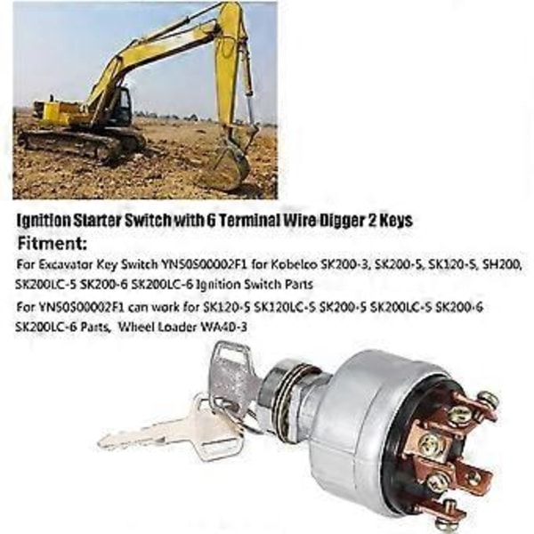 Tändningslås Startmotorlås med Spade för 6-trådsdrivare 2 Nycklar Kompatibel med Kobelco SK200-3 SK200-5 SK120-5