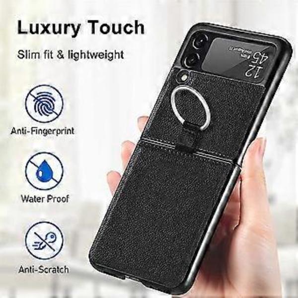 Designat för Samsung Galaxy Z Flip 3 Skal med Ring, Slimmad Tunn PU Läder Stötsäkert Telefonskal, Z Flip 3 5G Skyddsskal med Rem (2021) (Svart)