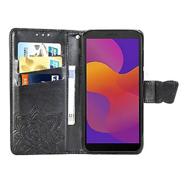 För Huawei Y5P 2020 Fjäril Kärlek Blomma Präglat Horisontellt Flip Läderfodral med Ställ / Kortplats / Plånbok / Snodd Black