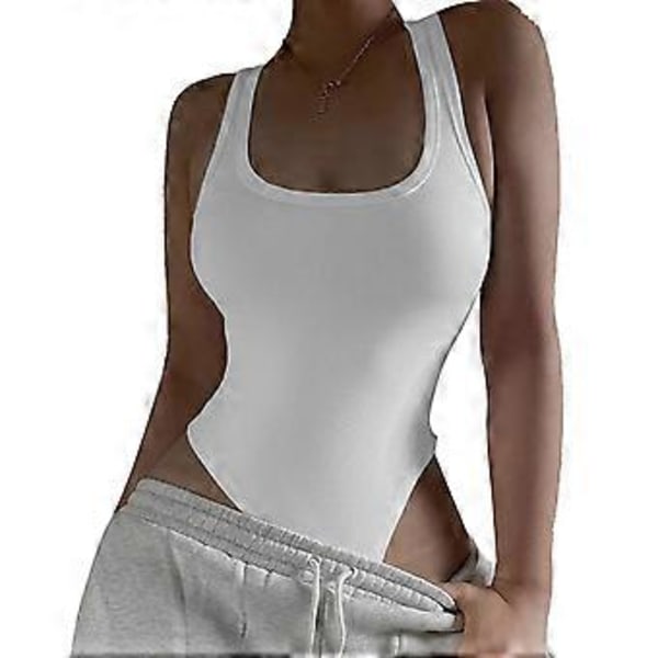 Tanktop-bodysuit til kvinder, dyb U-hals, ærmeløs, rygløs, strækbar, slankende, ensfarvet, strikket jumpsuit i ét stykke, XL, hvid