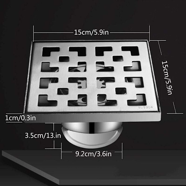 Udendørs gulvafløb, gulvafløb og bruseafløb, afløbsgulvafløb, Siphon med duftprop og hårsil, Sølv-20X20cm