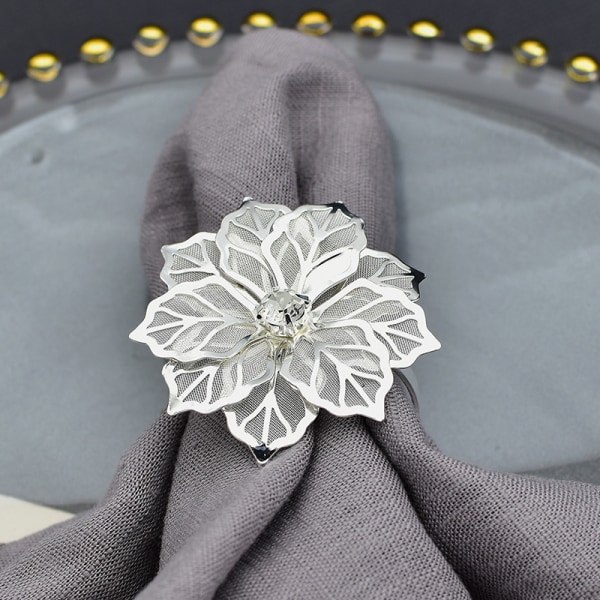 Set med 6 silver metall servettringar ihålig blomma form med Rhen