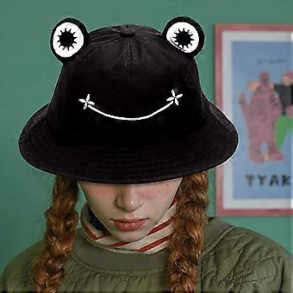 Fiskarhatt för damer med groda, unisex bucket-hatt, hopfällbar för utomhusbruk under sommaren, för camping, vandring, fiske, svart