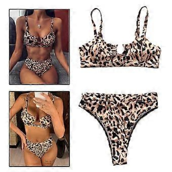 Bikinisæt med stropper, højtaljet brasiliansk badetøj, strandrejse, badedragt, tankini (Leopard XL) Leopard XL