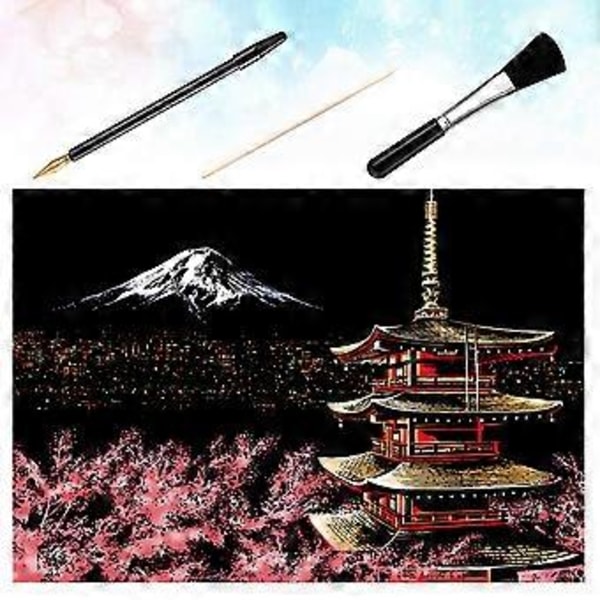 1 Sæt med 4 stk DIY Skrabebillede Mount Fuji Natscene Skrabende Tegning Maleri Papir Skrabekort Bambuspind Guldbelagt Pen Pensel