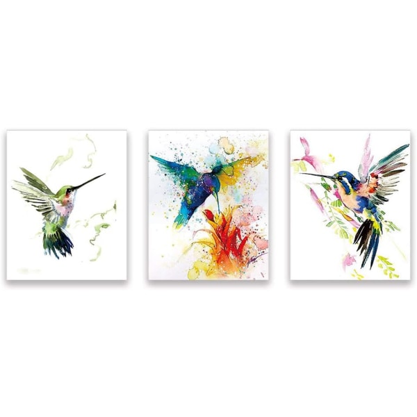 Set med 3 oinramade abstrakt akvarellfågelaffisch–kolibri och