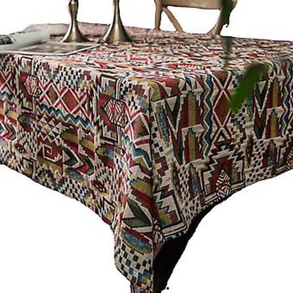 Bordsduk, rektangulär linneduk Boho Farmhouse kraftigt tyg bordsöverdrag, säckvävsrandig geometrisk tvättbar bordsskiva för fester kaffe kök