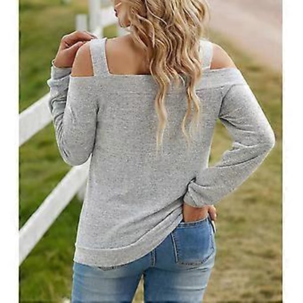 Dame Cold Shoulder Topp Cut Out Design Ensfarget Mote Langermet Bluse for Hjemmeshopping Grå M