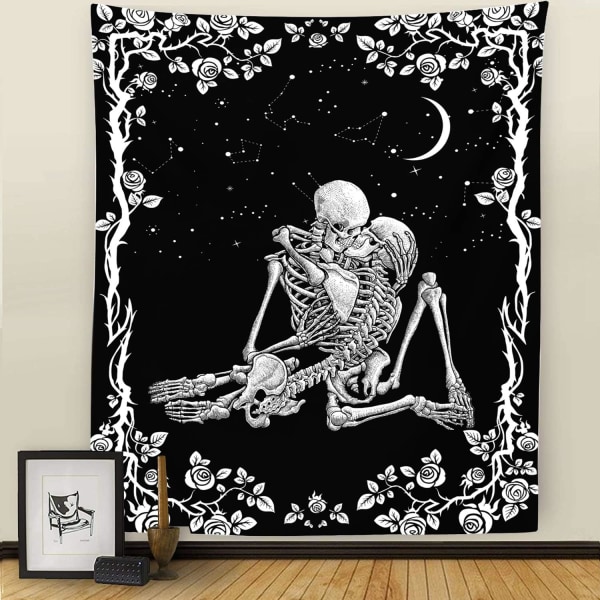 Dödskalletapet, The Kissing Lovers Svartvita Tapestries, Måne och Stjärniga Stjärnor Blommiga Tapestries, Tarot Tapestries Mänskligt Skelett Väggbonad för Sovrum Sovsal Heminredning - 130cm x 150cm