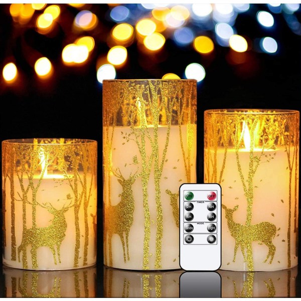 Glass Flameless Candles Flickering med Timer Remote, 3 Pack Gold