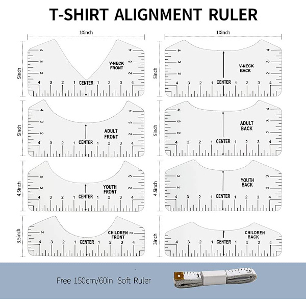 8 stk. T-shirt lineal guide T-shirt justeringsværktøj lineal bærbar