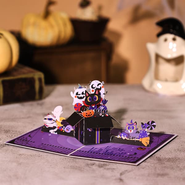 Halloween-kissa 3D-ponnahduskortti, kurpitsajuhlien ponnahduspaperikäsityö lomakutsu
