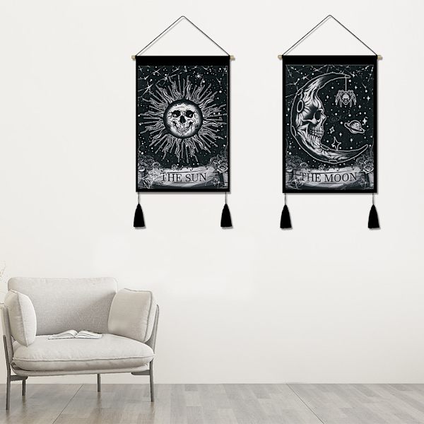 Psykedeelinen tarot-seinävaate, 2 kpl, kalloaiheinen seinävaate, aurinko ja kuu