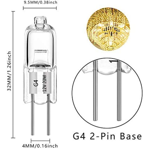 10 st G4 halogenlampor 20W 12V varmvit 2700K klar kapsel dimbar