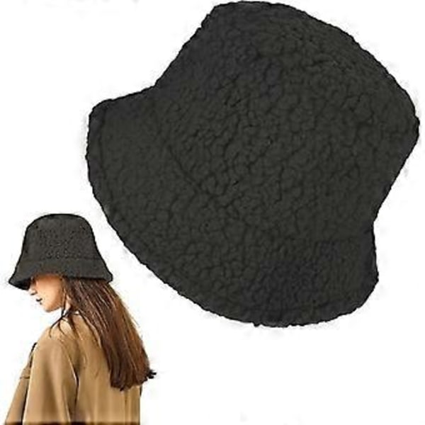 Vinter Fluffig Bucket Hat Fluffiga Varma Luddiga Päls Bucket Hats Vinter Varmare Fiskarmössa Lammull Fiskemössor för Kvinnor (Svart)
