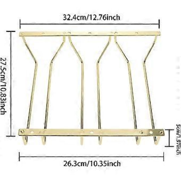 Gullfarget vinglassholder på 27,5 cm for under skap, stativ for vinglass, oppbevaringsstativ for stettglass, 3 rader