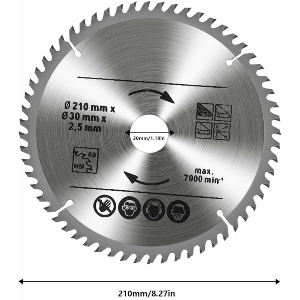 Sæt med 3 cirkelsavklinger i wolframkarbid, 24T 48T 60T TCT-sav til træ, metal og aluminium (210 x 30 mm)