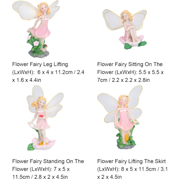 4 blomsterfe-statuer, miniature havefigurer til udendørs brug