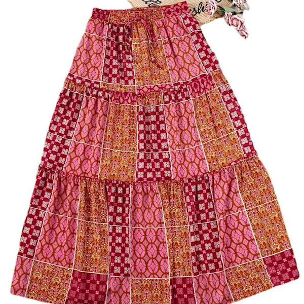 Bohemsk strandskjørt, sommerstrandskjørt, komfortabelt etnisk trykt langt skjørt, XL, purpurrød Purple  red XL