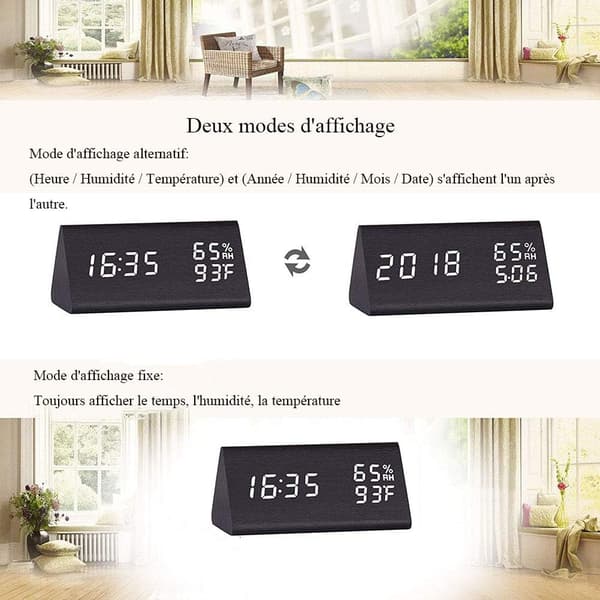 Väckarklocka i trä, (Vitt ljus) Digital LED-väckarklocka i trä