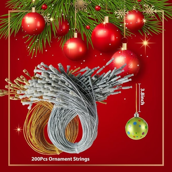 200Pcs Ornament Hook Hangers Precut Metallic Ornament String for