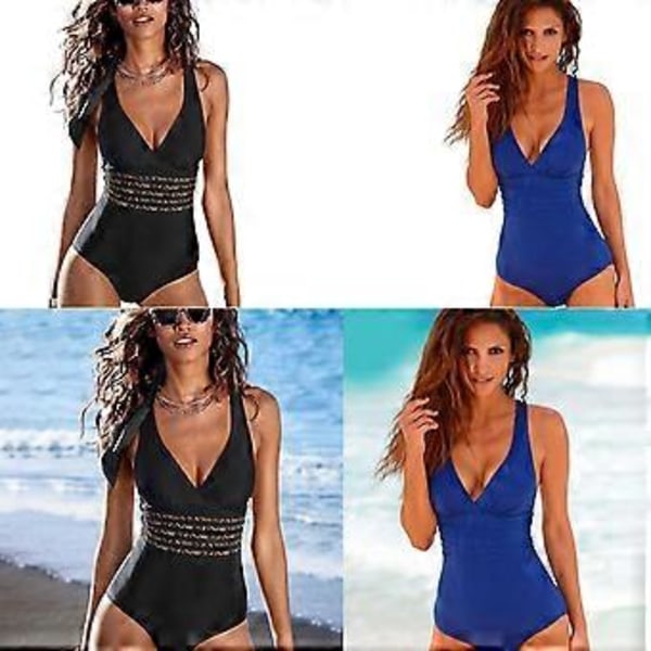 Dame Badedragt med Brede Stropper, Sexet Heldragt, Push Up Badetøj, Krydsbandage, Strandtøj, Udskæringer, Sort XL Black XL