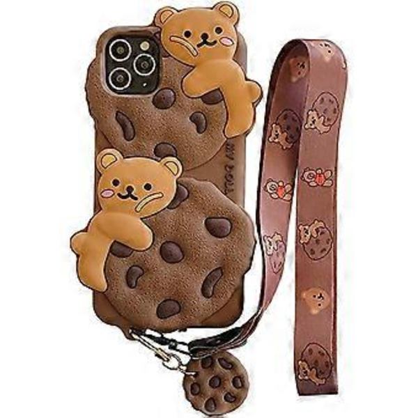 JUSCH iPhone 11 -kotelo, söpö avaimenperällä ja kaulanauhalla, Kawaii-puhelinkotelot, 3D-sarjakuva karhu-keksi iPhone-kotelo, pehmeä silikoninen iskunkestävä suojakotelo